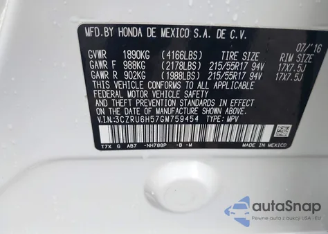 2016 Honda Hr-V Ex из США, поврежденный, VIN 3CZRU6H57GM759454